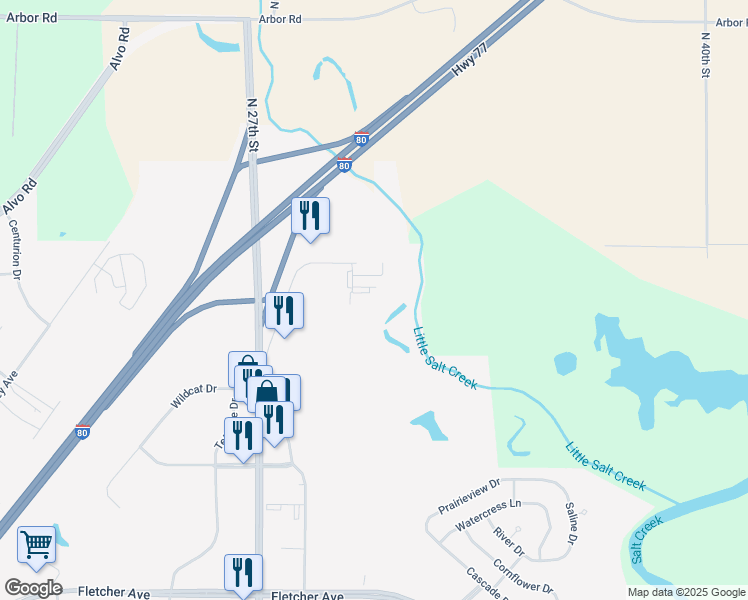 map of restaurants, bars, coffee shops, grocery stores, and more near 7360 Husker Circle in Lincoln