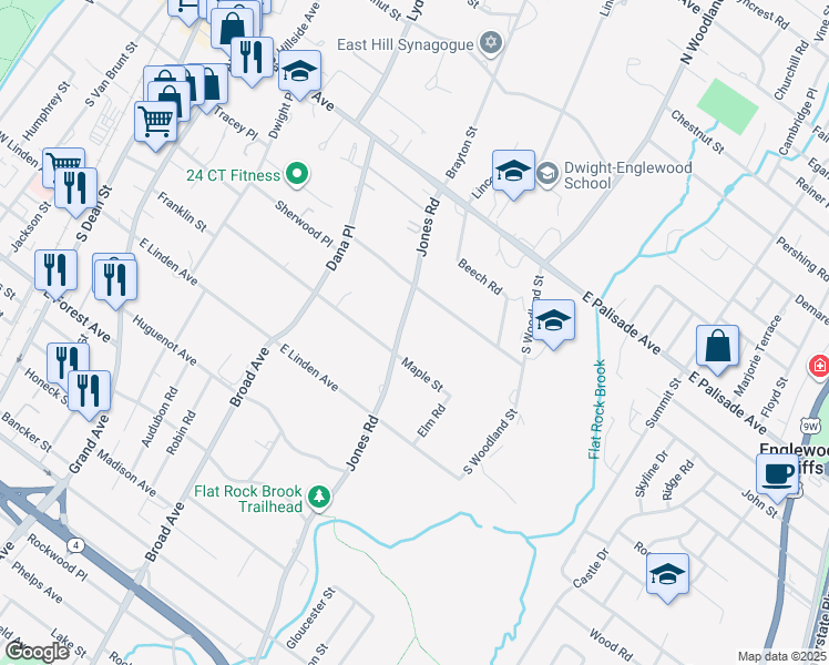 map of restaurants, bars, coffee shops, grocery stores, and more near 127 Jones Road in Englewood