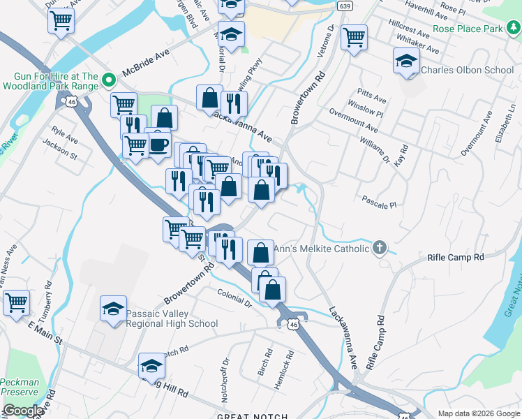 map of restaurants, bars, coffee shops, grocery stores, and more near 22 Wedgewood Drive in Woodland Park