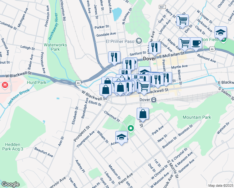 map of restaurants, bars, coffee shops, grocery stores, and more near 41 West Blackwell Street in Dover