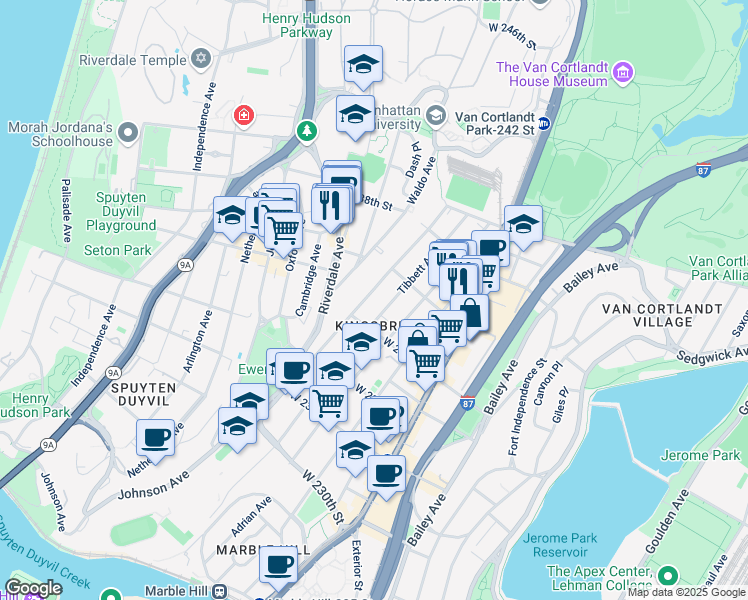 map of restaurants, bars, coffee shops, grocery stores, and more near in The Bronx