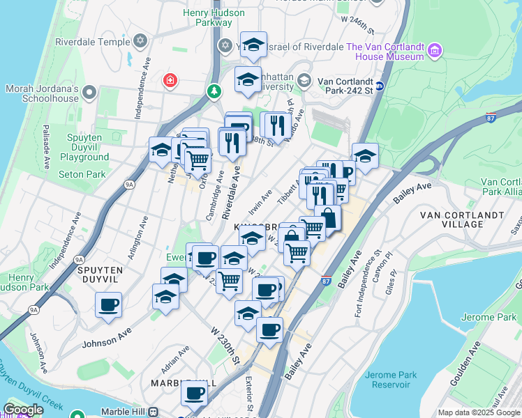 map of restaurants, bars, coffee shops, grocery stores, and more near 3424 Irwin Avenue in Bronx