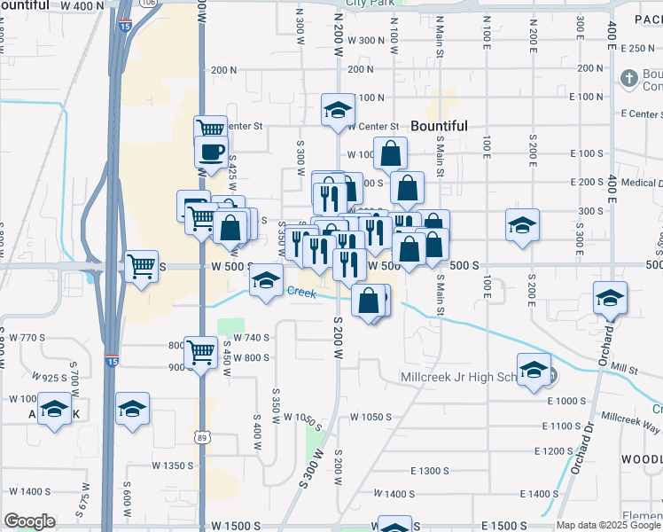 map of restaurants, bars, coffee shops, grocery stores, and more near in Bountiful