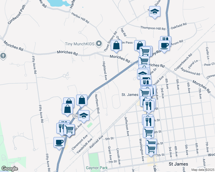 map of restaurants, bars, coffee shops, grocery stores, and more near 2 Deepwells Lane in Saint James