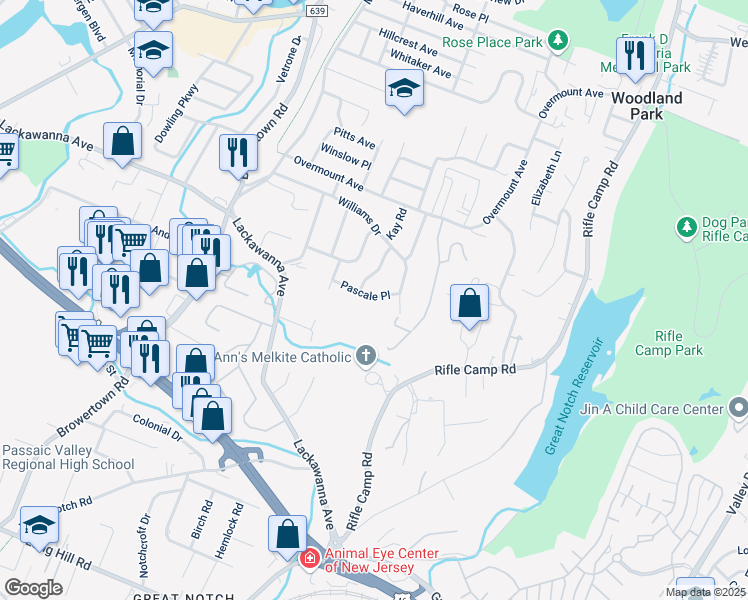 map of restaurants, bars, coffee shops, grocery stores, and more near 14 Pascale Place in Woodland Park