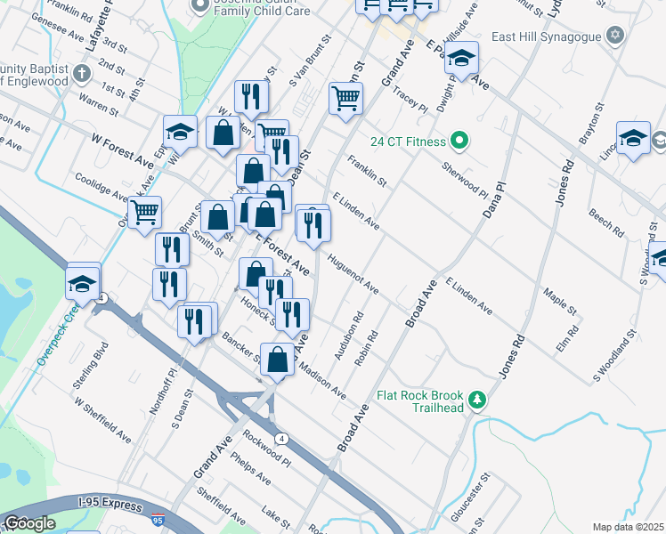 map of restaurants, bars, coffee shops, grocery stores, and more near 285 Grand Avenue in Englewood