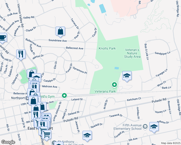 map of restaurants, bars, coffee shops, grocery stores, and more near 21 Ridgewood Street in East Northport