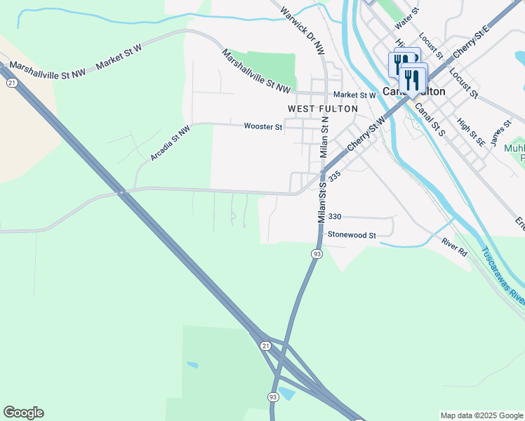 map of restaurants, bars, coffee shops, grocery stores, and more near 13776 Cherton Street Northwest in Canal Fulton