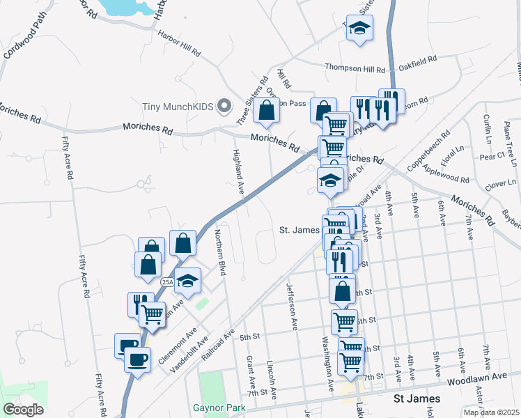 map of restaurants, bars, coffee shops, grocery stores, and more near 2 Deepwells Lane in Saint James