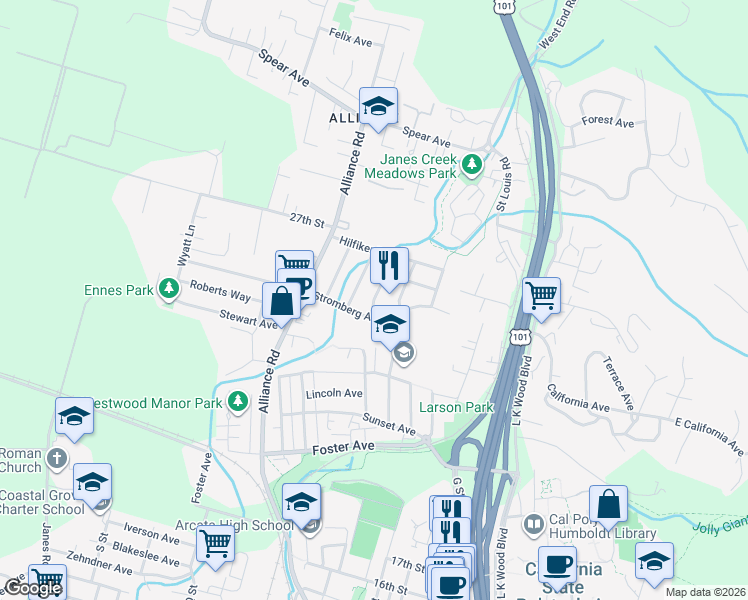 map of restaurants, bars, coffee shops, grocery stores, and more near Davis Way in Arcata