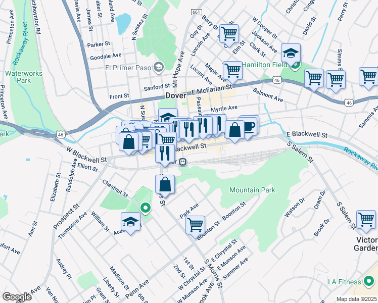 map of restaurants, bars, coffee shops, grocery stores, and more near 60 East Blackwell Street in Dover