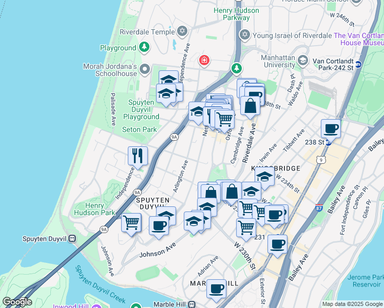 map of restaurants, bars, coffee shops, grocery stores, and more near 600 West 232nd Street in Bronx