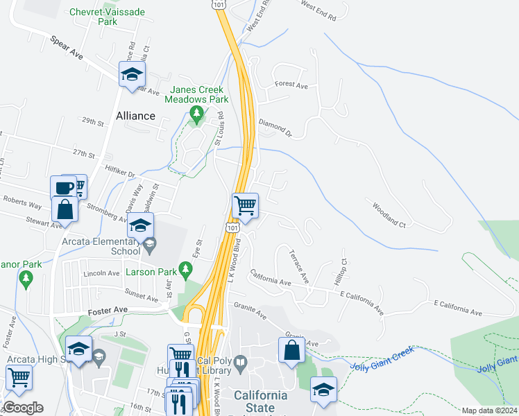 map of restaurants, bars, coffee shops, grocery stores, and more near 651 Hidden Creek Road in Arcata