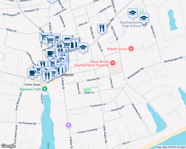 map of restaurants, bars, coffee shops, grocery stores, and more near 143 Herrick Road in Southampton