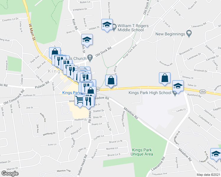 map of restaurants, bars, coffee shops, grocery stores, and more near 70 East Main Street in Kings Park