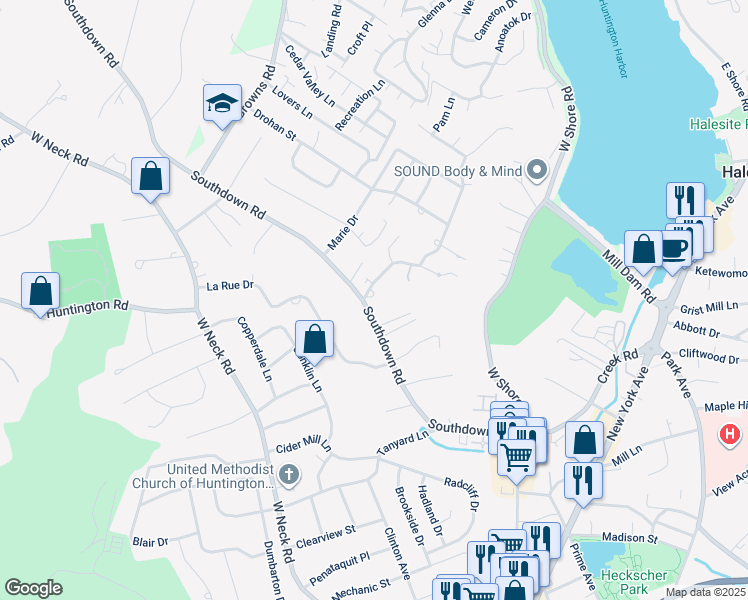 map of restaurants, bars, coffee shops, grocery stores, and more near 3 Southcrest Court in Huntington