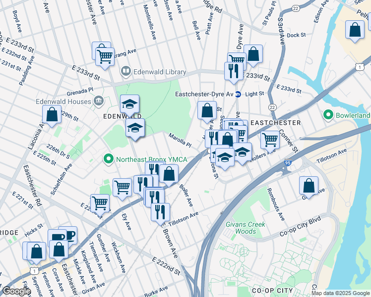 map of restaurants, bars, coffee shops, grocery stores, and more near 3605 Pratt Avenue in The Bronx