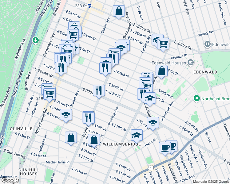 map of restaurants, bars, coffee shops, grocery stores, and more near 940 East 223rd Street in Bronx