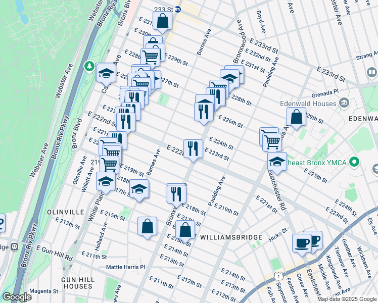 map of restaurants, bars, coffee shops, grocery stores, and more near 844 East 222nd Street in Bronx