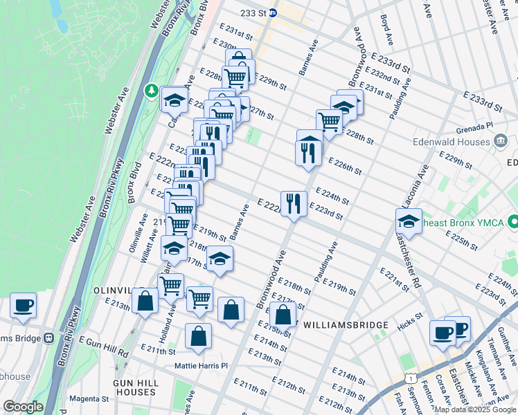 map of restaurants, bars, coffee shops, grocery stores, and more near 819 East 221st Street in Bronx