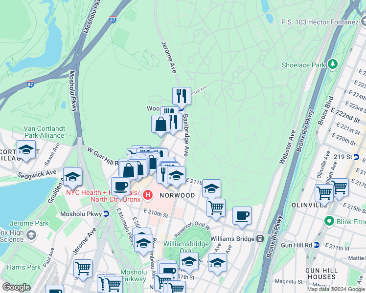 map of restaurants, bars, coffee shops, grocery stores, and more near 3594 Bainbridge Avenue in Bronx