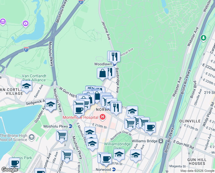 map of restaurants, bars, coffee shops, grocery stores, and more near 3563 Dekalb Avenue in The Bronx