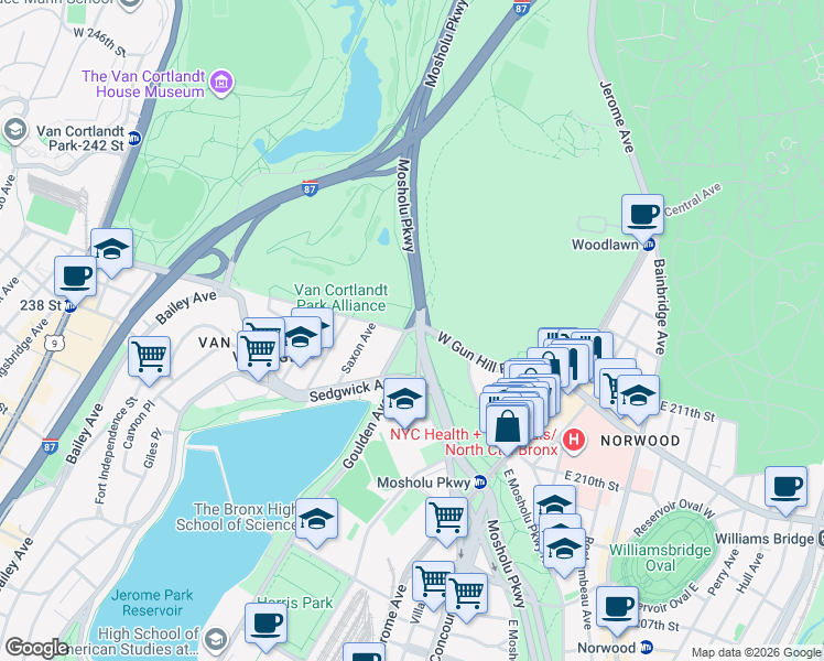 map of restaurants, bars, coffee shops, grocery stores, and more near West Gun Hill Road in The Bronx