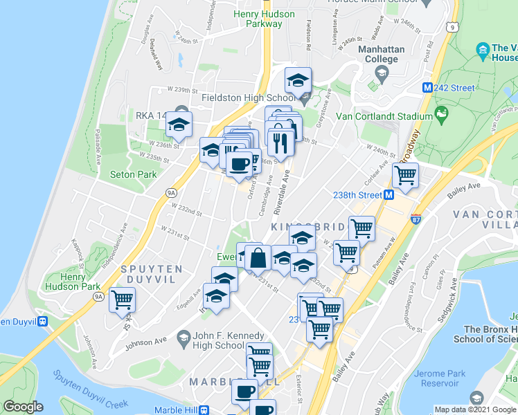 map of restaurants, bars, coffee shops, grocery stores, and more near 3251 Riverdale Avenue in Bronx
