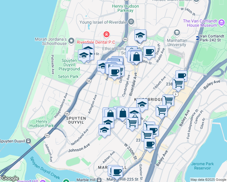 map of restaurants, bars, coffee shops, grocery stores, and more near 3206 Oxford Avenue in Bronx