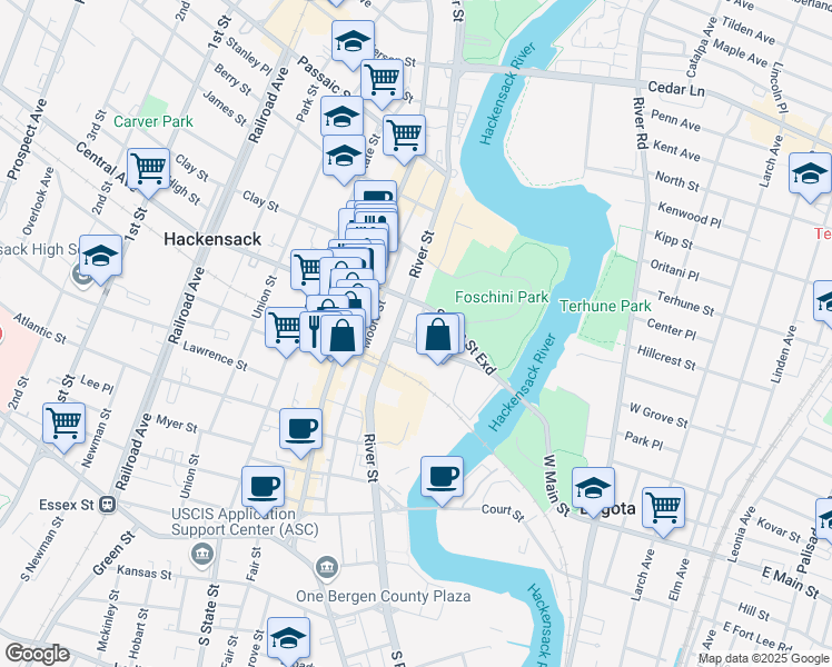 map of restaurants, bars, coffee shops, grocery stores, and more near 55 Midtown Bridge Street in Hackensack