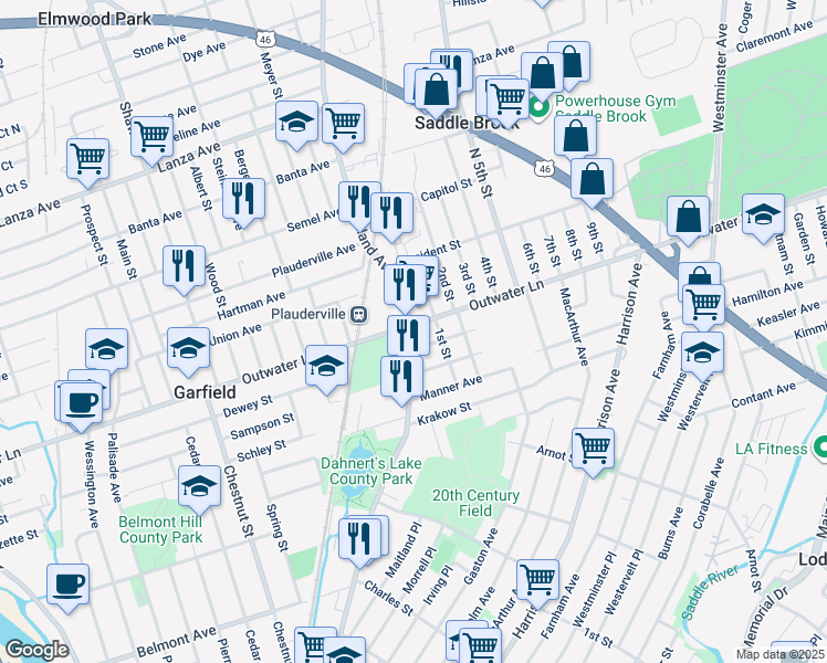 map of restaurants, bars, coffee shops, grocery stores, and more near 17 Bellport Place in Garfield