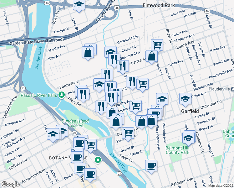 map of restaurants, bars, coffee shops, grocery stores, and more near 104 Jewell Street in Garfield