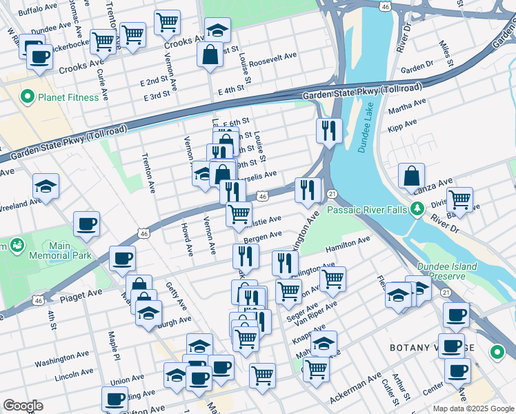 map of restaurants, bars, coffee shops, grocery stores, and more near 83 Trimble Avenue in Clifton