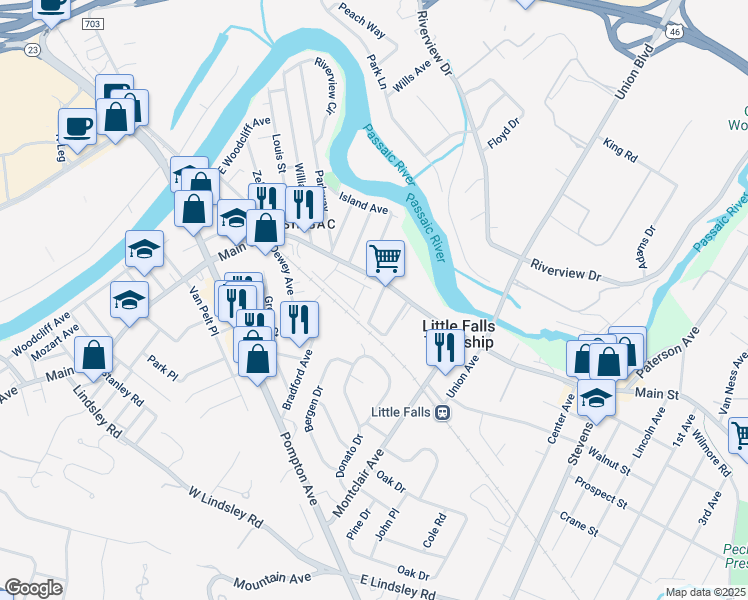 map of restaurants, bars, coffee shops, grocery stores, and more near 9 Woodside Avenue in Little Falls