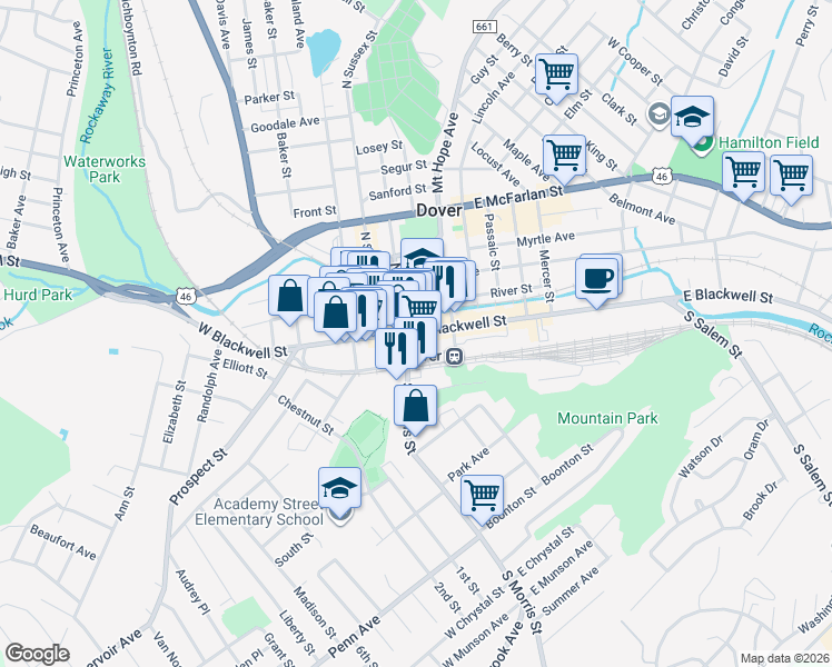 map of restaurants, bars, coffee shops, grocery stores, and more near in Dover