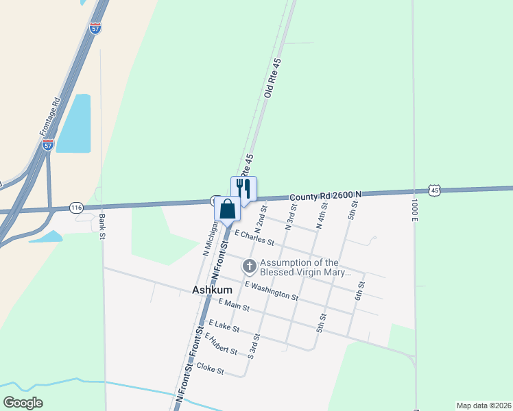 map of restaurants, bars, coffee shops, grocery stores, and more near 405 North 2nd Street in Ashkum