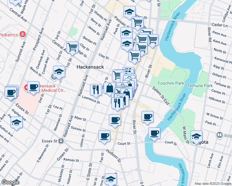 map of restaurants, bars, coffee shops, grocery stores, and more near 31 Mercer Street in Hackensack