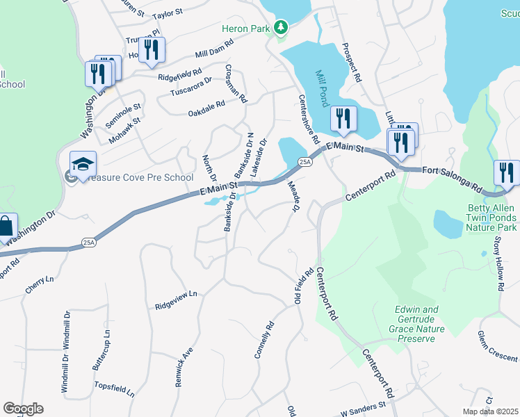 map of restaurants, bars, coffee shops, grocery stores, and more near 16 Meahon Place in Centerport