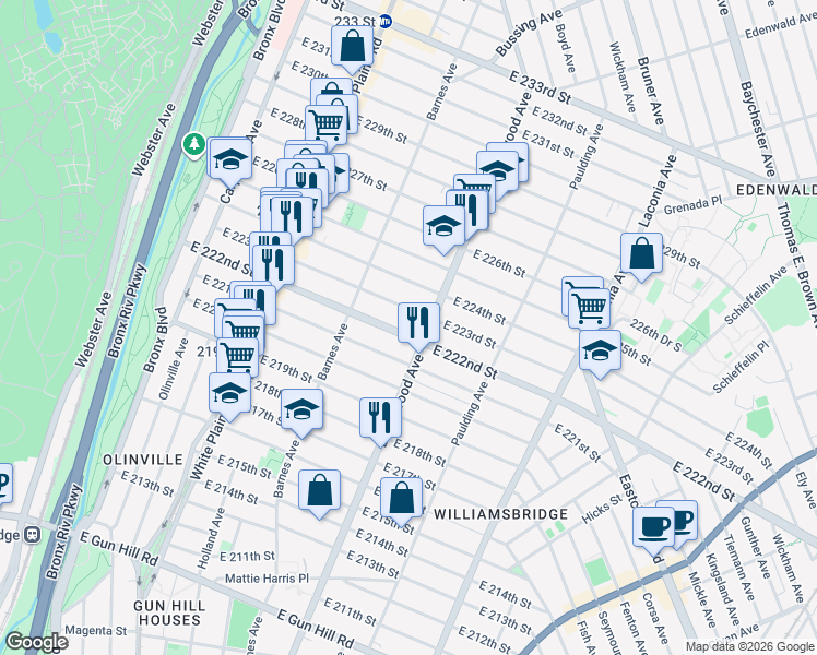 map of restaurants, bars, coffee shops, grocery stores, and more near 844 East 222nd Street in Bronx