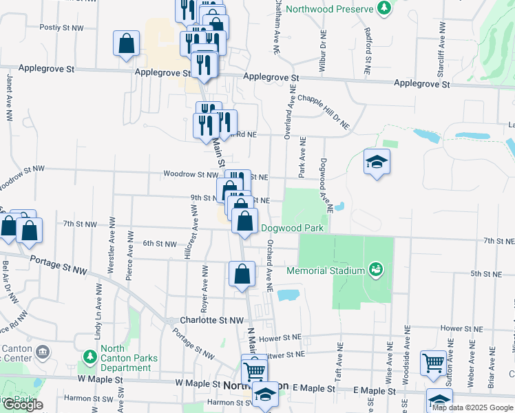 map of restaurants, bars, coffee shops, grocery stores, and more near 805 Orchard Avenue Northeast in North Canton