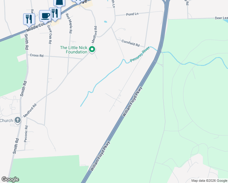 map of restaurants, bars, coffee shops, grocery stores, and more near 96 Sally Lane in Ridge