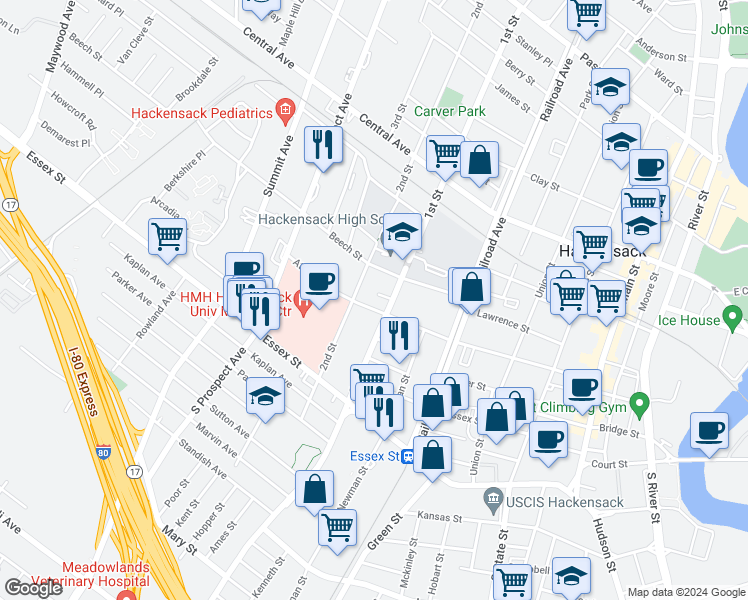 map of restaurants, bars, coffee shops, grocery stores, and more near 92 2nd Street in Hackensack