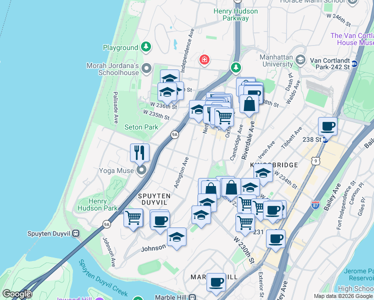 map of restaurants, bars, coffee shops, grocery stores, and more near 3215 Arlington Avenue in The Bronx