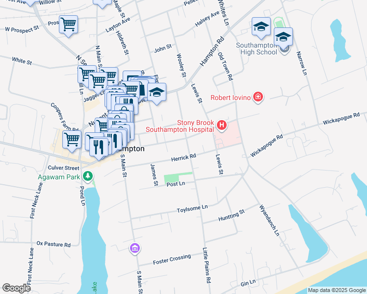 map of restaurants, bars, coffee shops, grocery stores, and more near 143 Herrick Road in Southampton