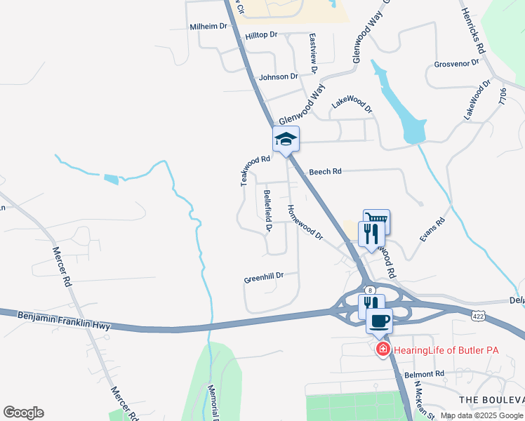 map of restaurants, bars, coffee shops, grocery stores, and more near 219 Beverly Way in Butler