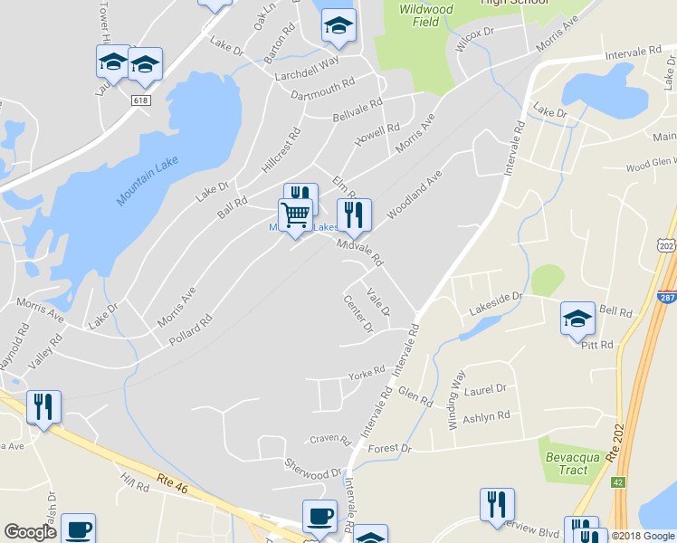 map of restaurants, bars, coffee shops, grocery stores, and more near 8 Grove Place in Mountain Lakes