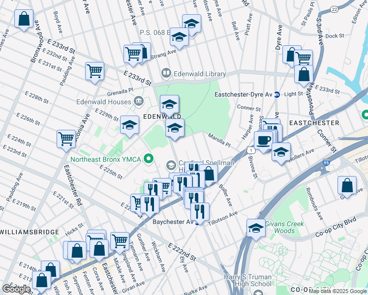 map of restaurants, bars, coffee shops, grocery stores, and more near 3740 Baychester Avenue in Bronx