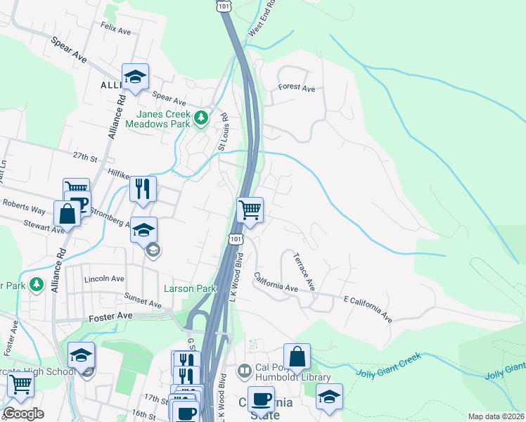 map of restaurants, bars, coffee shops, grocery stores, and more near 651 Hidden Creek Road in Arcata