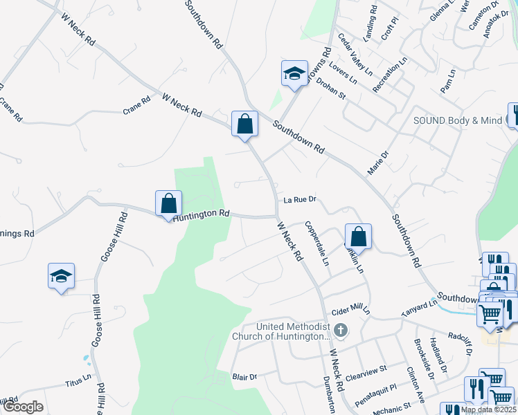 map of restaurants, bars, coffee shops, grocery stores, and more near 9 Huntington Road in Huntington