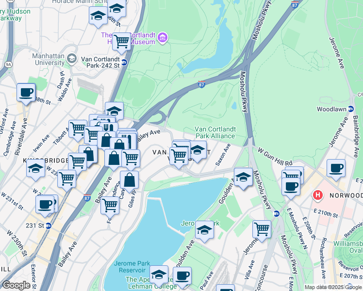 map of restaurants, bars, coffee shops, grocery stores, and more near in The Bronx